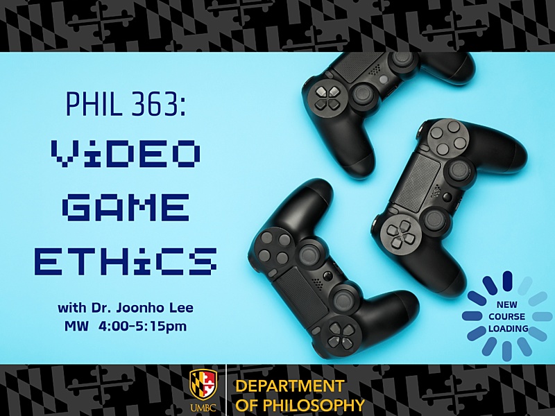 Three black video game controllers on blue background